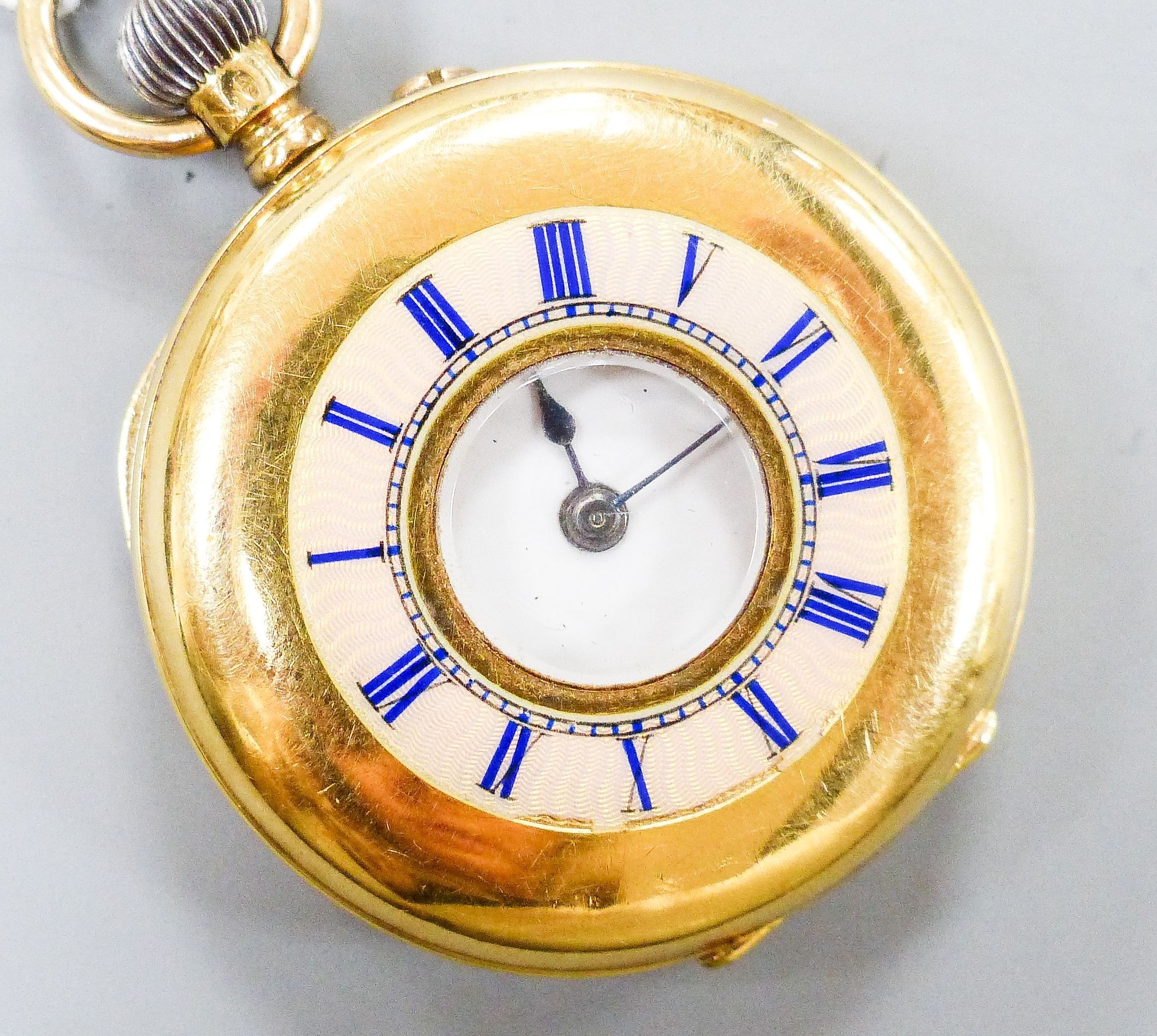 A continental 18k and enamel half hunter pocket watch, case diameter, 38mm, gross weight 42.2 grams.